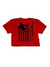 Load image into Gallery viewer, **NEW** JTX RED cropped T-shirt **Black TX flag Logo**
